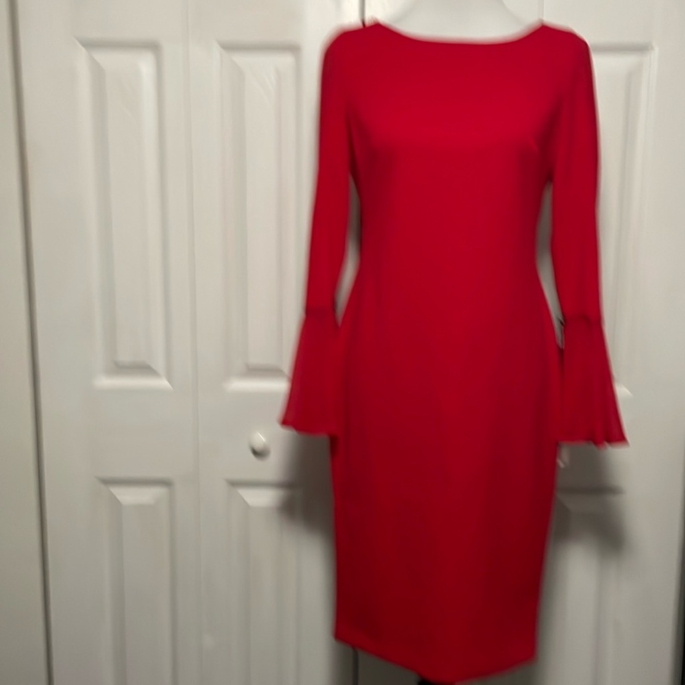 NWT CALVIN KLEIN RED DRESS 8 DRESSY CLASSY SOPHISTICATED FLARED SLEEVES BACK ZIP